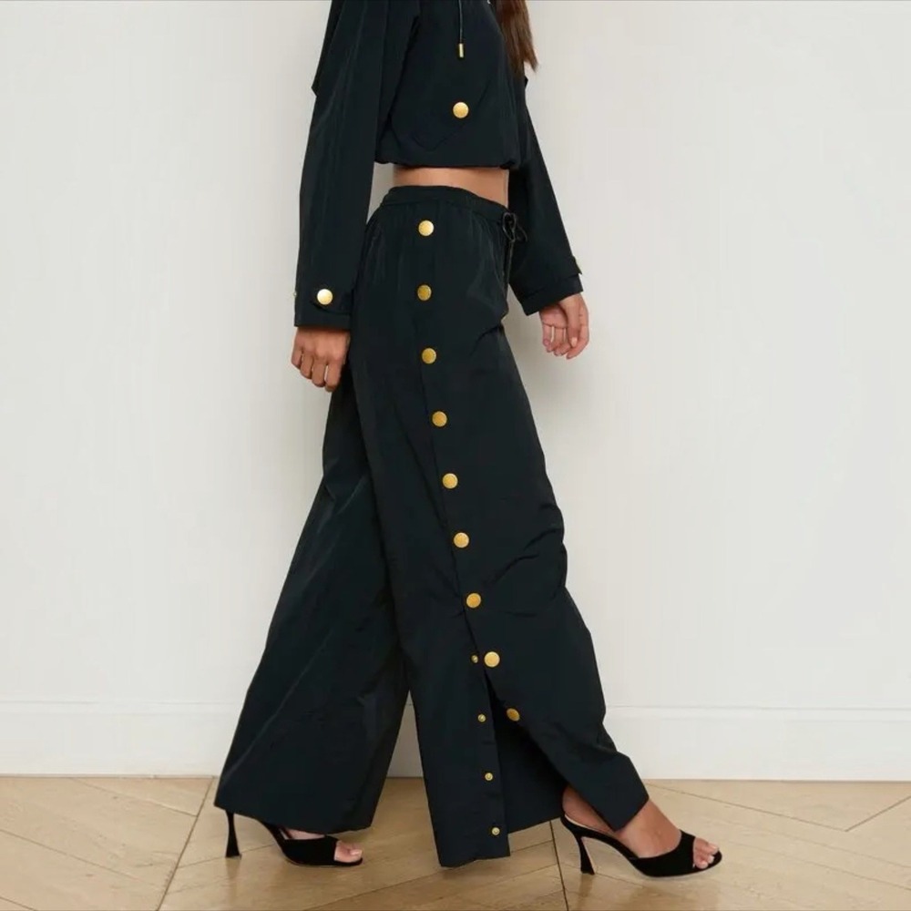 L'AGENCE Valkyrie Black  Wide Leg Snap Button Track Pants Drawstring Sz M NWT